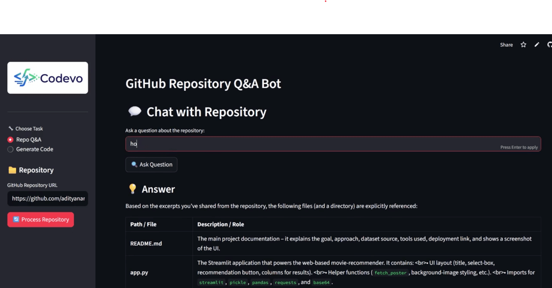 CODEVO repository Q&A screenshot